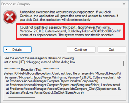 Screen capture of Database Compare program displaying unhandled exception dialog window, indicating that it Report Viewer 12 was not found